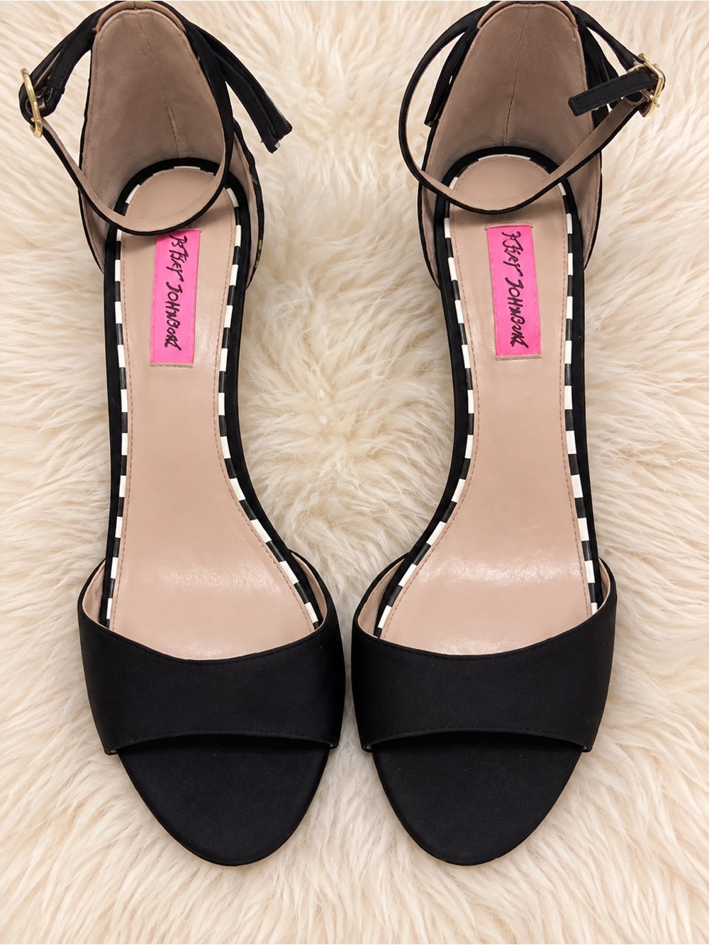 Betsey Johnson, satin rose print. Tie tassel, open toes heels